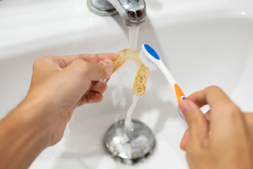 limpieza de protector oclusal con cepillo de dientes